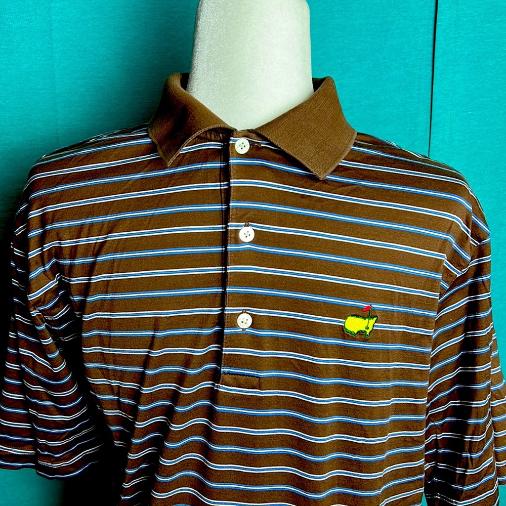 Masters Polo shirt size M, brown with slate blue and white stripes